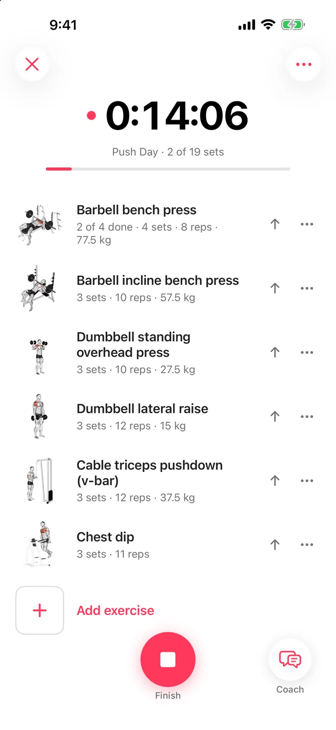 An active Push Day workout with a running timer and exercise list