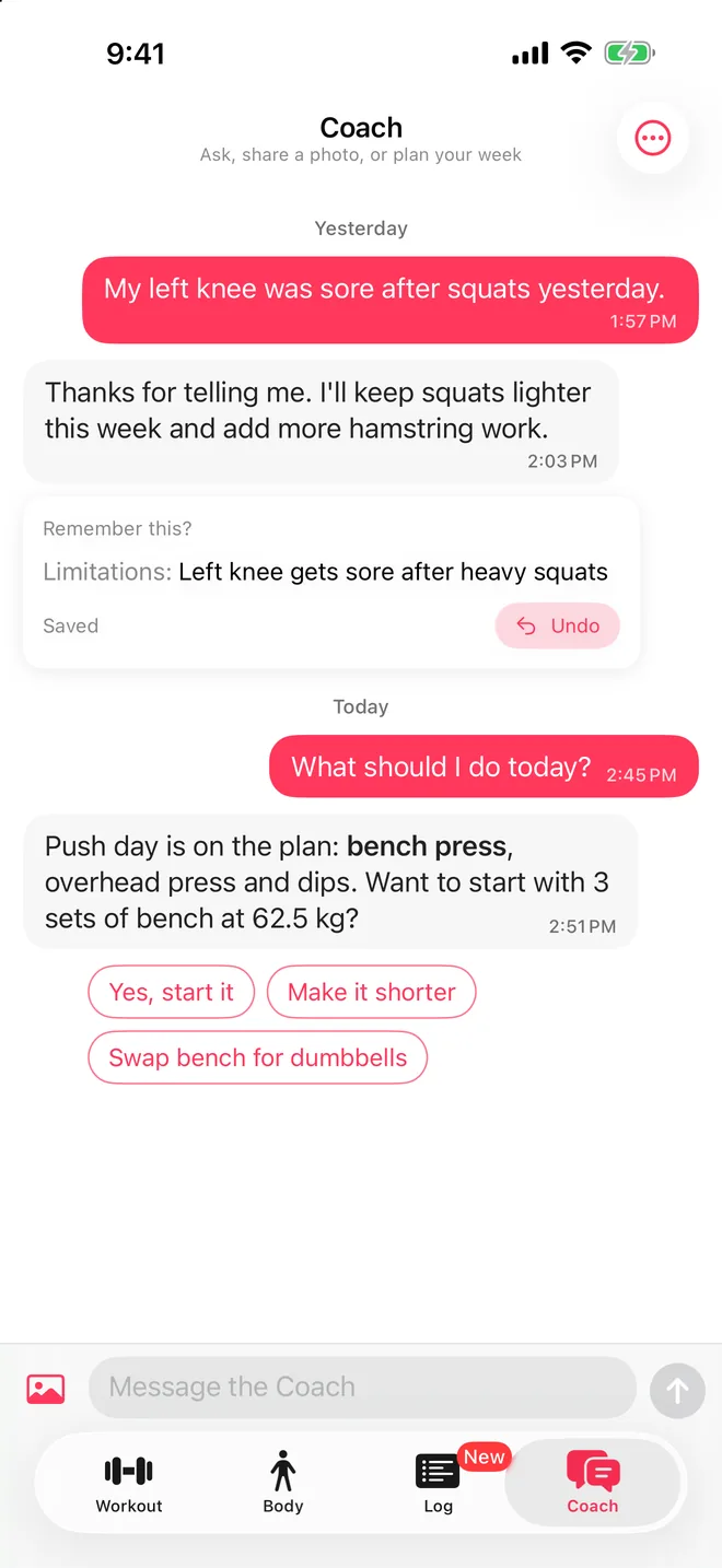 Coach chat suggesting today's bench press with quick reply buttons