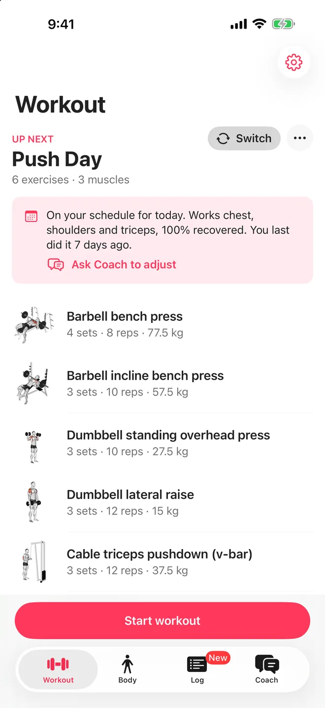 Liftonic Workout tab showing Push Day up next with a Start workout button
