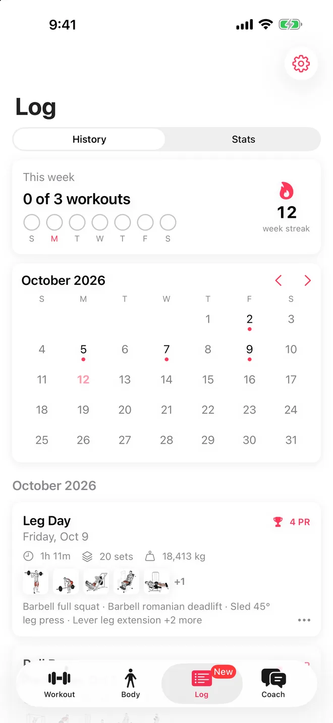 Log tab with this week's goal, a 12 week streak and an October calendar